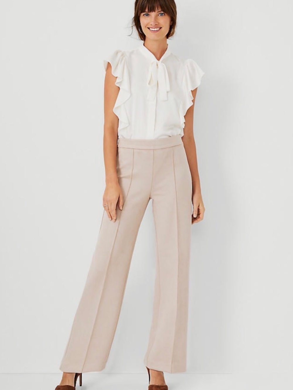 Ann Taylor Light Beige Straight-Leg High-Rise Trousers